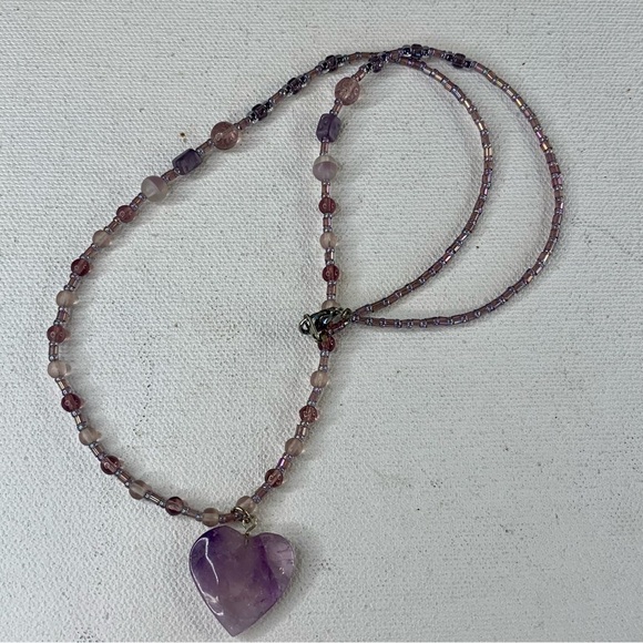 Purple Amethyst Crystal Heart Pendant Necklace Beaded Gemstone Long Delicate 23" - Picture 7 of 15